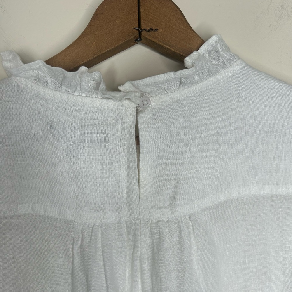 J Crew White Crisp Linen Blouse Size M High Ruffled Neck and Sleeves Romantic - Picture 7 of 8